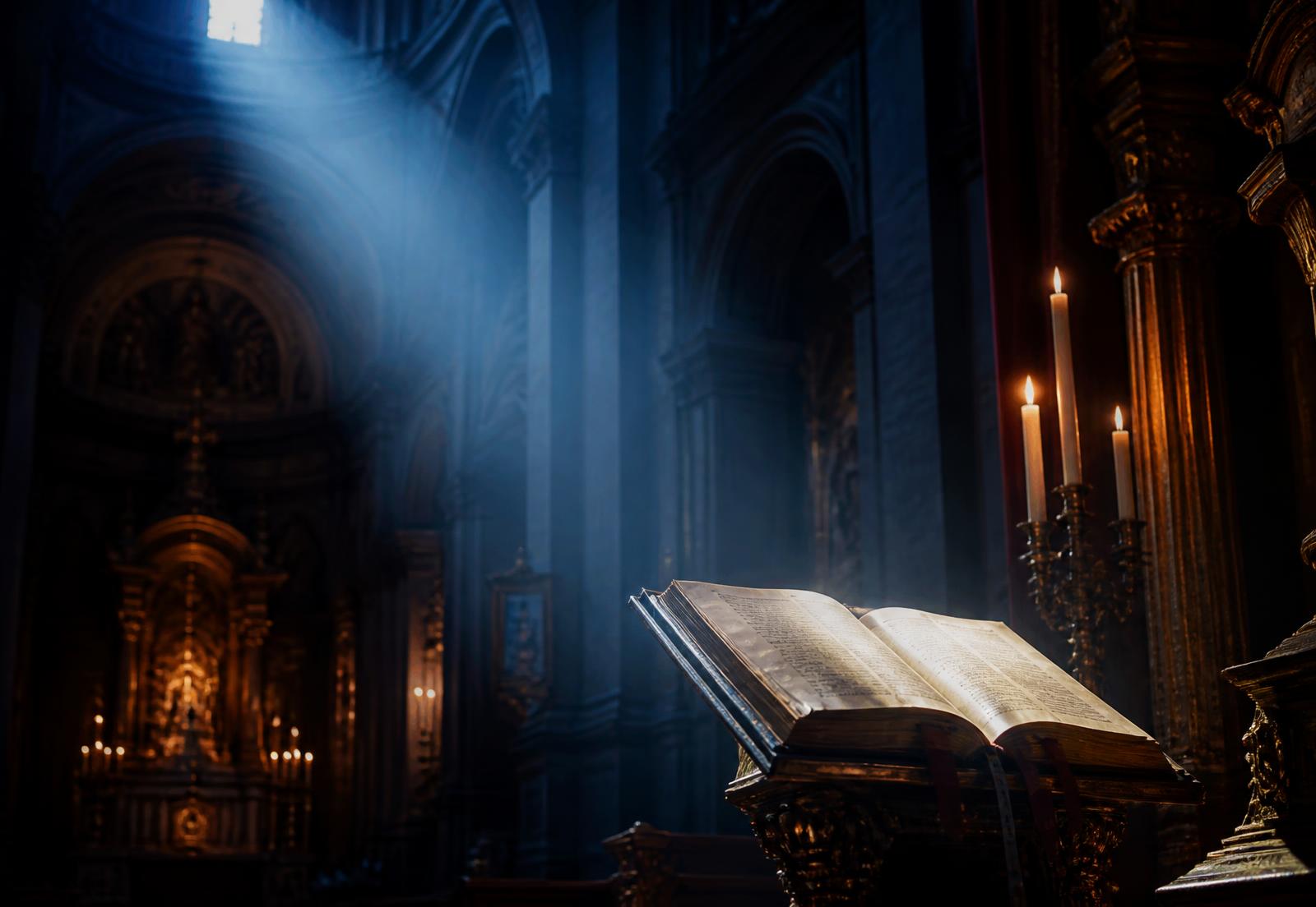 Candlelit basilica interior with an open Bible on a lectern
